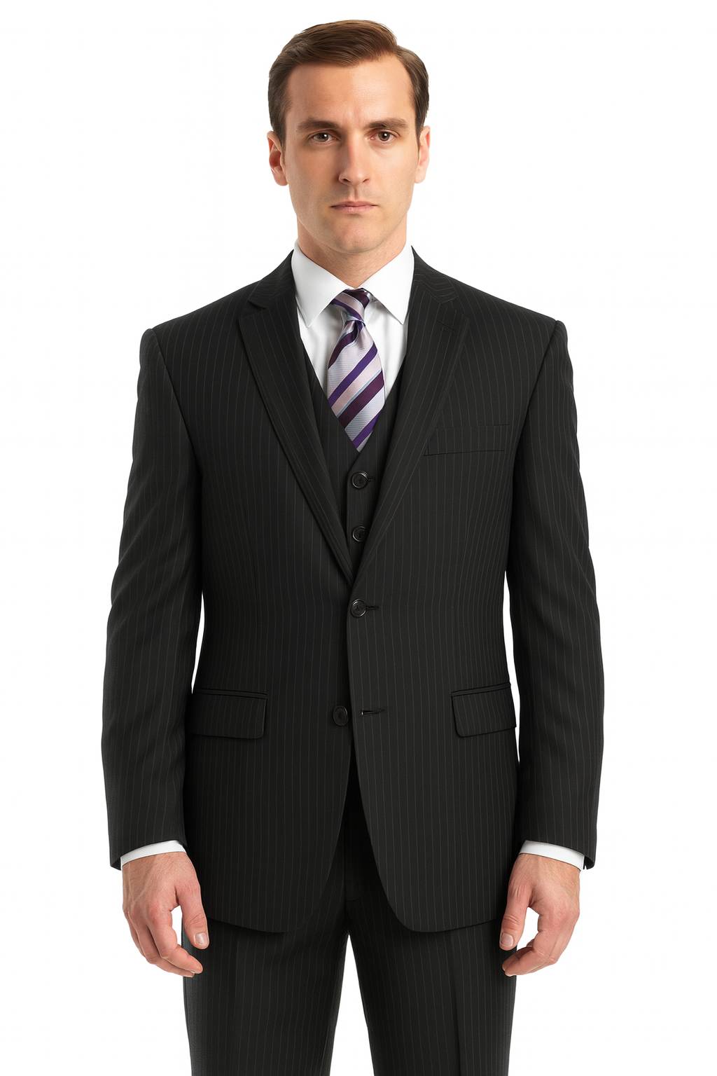 Black Pinstripe Men's Business Suit - Two Button Vested Style - New Arrival - 34 Short