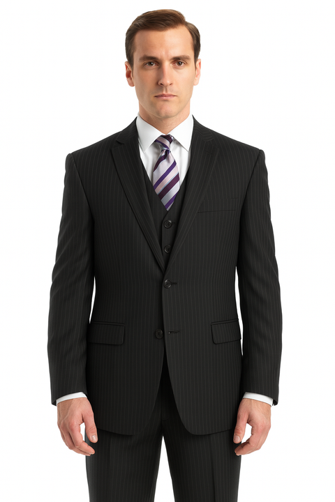 Black Pinstripe Men's Business Suit - Two Button Vested Style - New Arrival