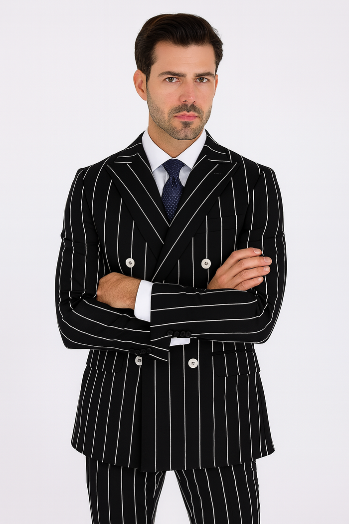 Black Pinstripe Suit - Gangster Suit - 1920's Suit - Double Breasted Suit