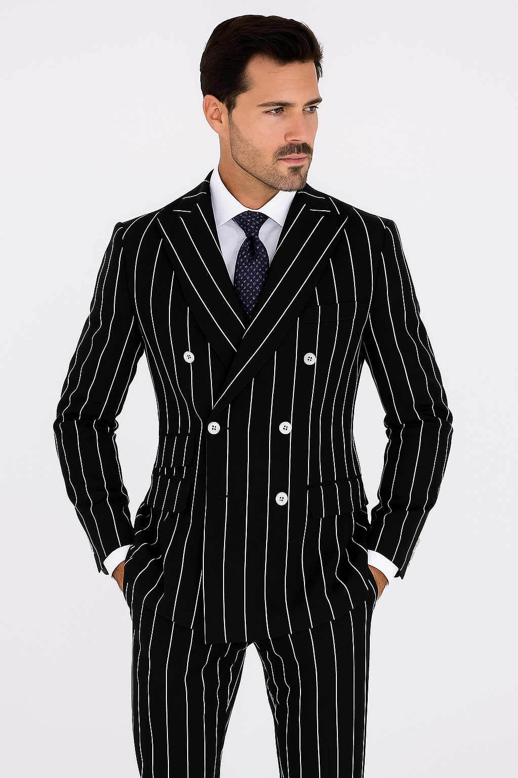 Black Pinstripe Suit - Gangster Suit - 1920's Suit - Double Breasted Suit - Coat Size 38
