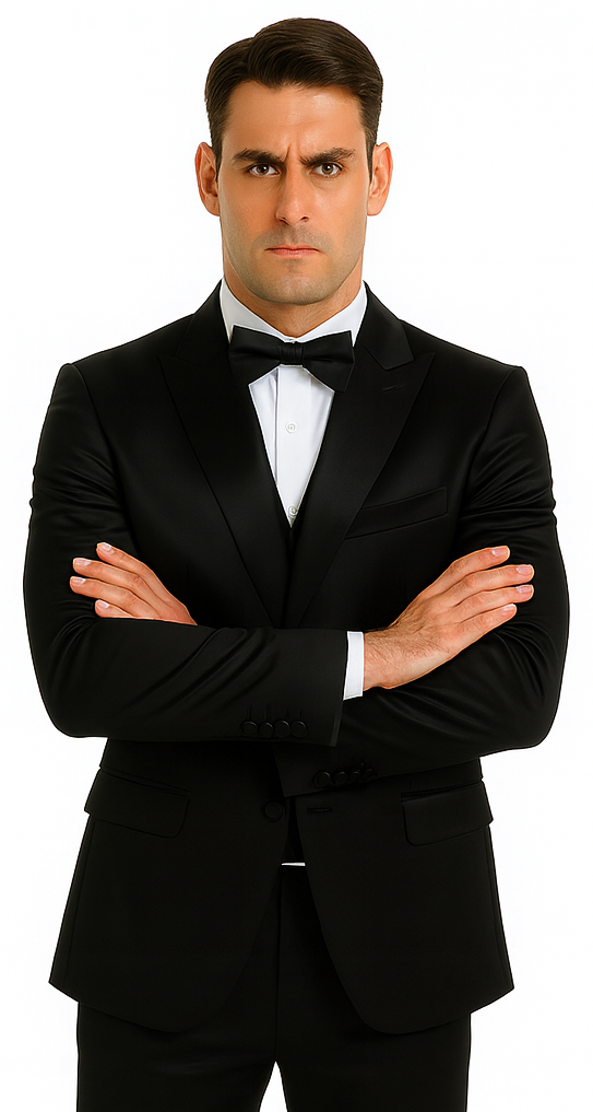 Men's Black Satin Slim Fit Tazzio 3 Piece Suit with Peak Lapel - 34 Short or Extra Small