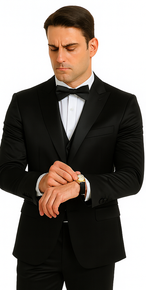 Men's Black Satin Slim Fit Tazzio 3 Piece Suit with Peak Lapel