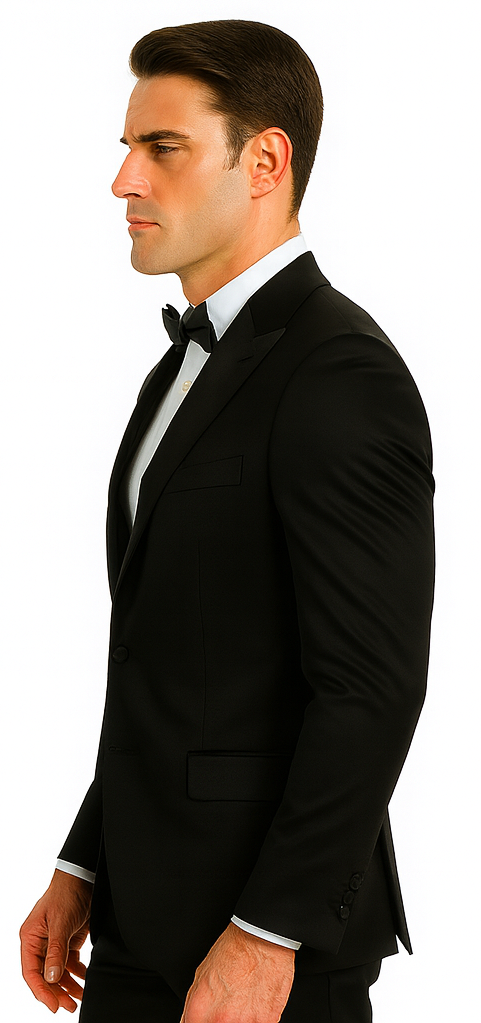Men's Black Satin Slim Fit Tazzio 3 Piece Suit with Peak Lapel - 34 Short or Extra Small