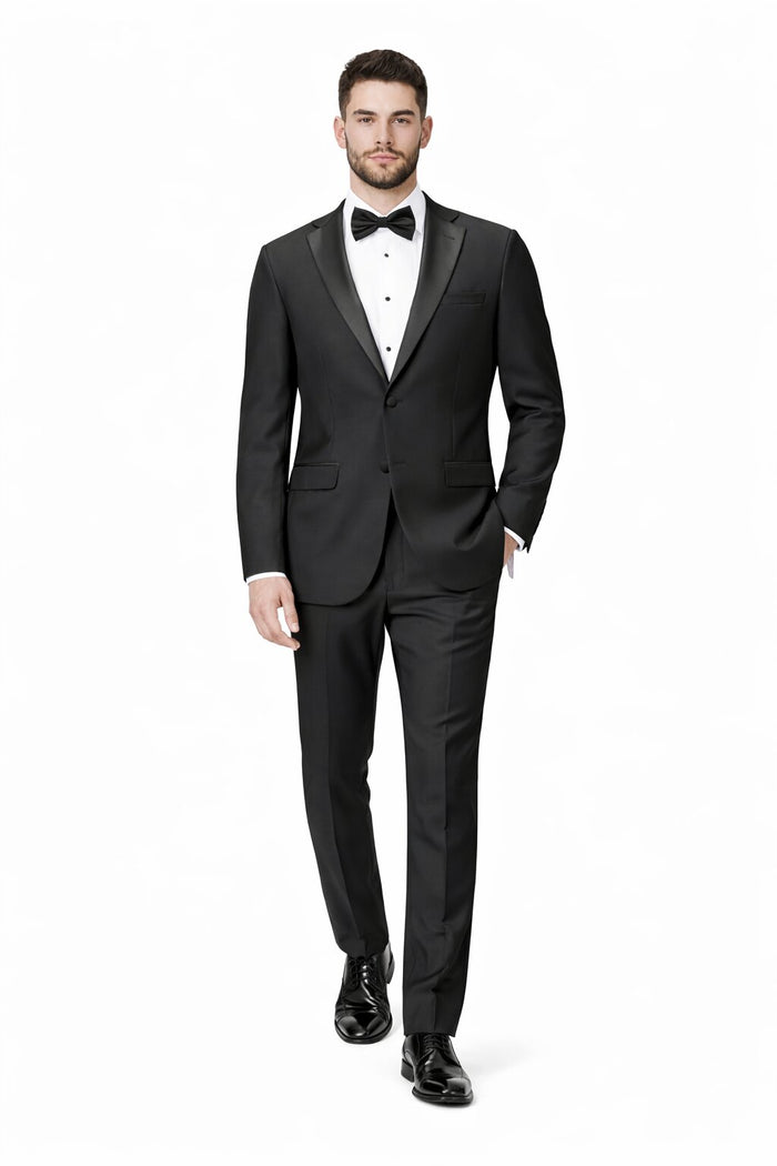 Tiglio Mens Slim Fit Black Wool Tuxedo Satin Peak Lapel Formal Dinner Suit