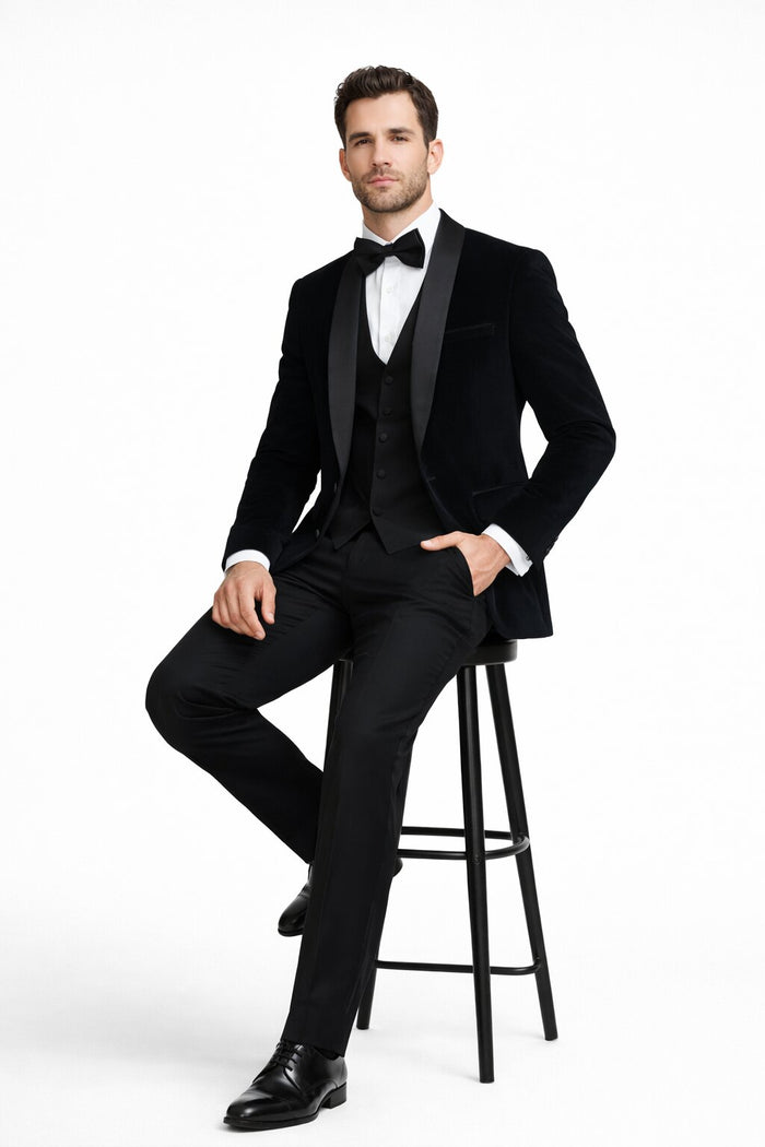 Men's Designer Vested Velvet Wedding & Prom Tuxed in Black