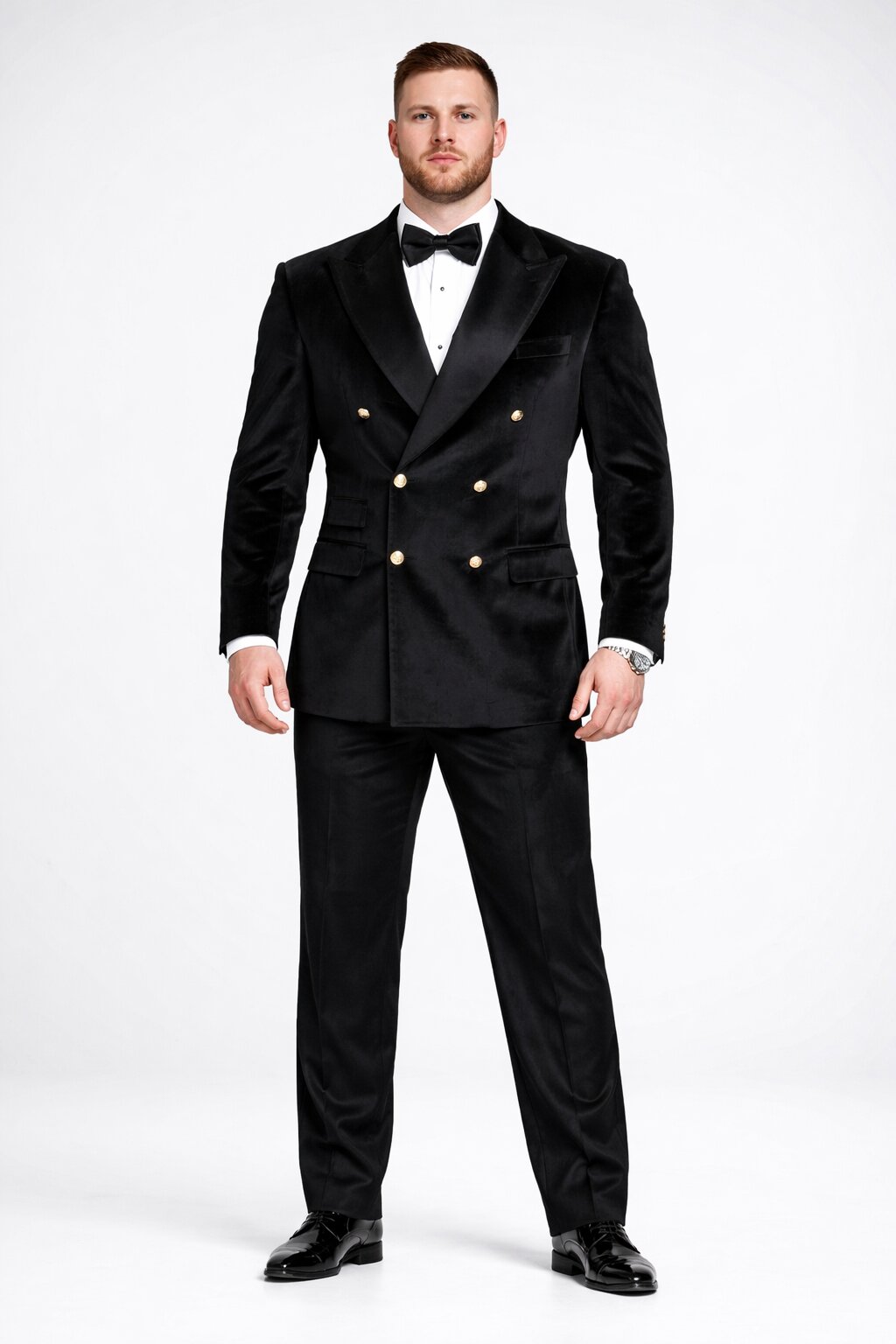 Men's Designer Double Breasted Velvet Suti with Gold Buttons in Black
