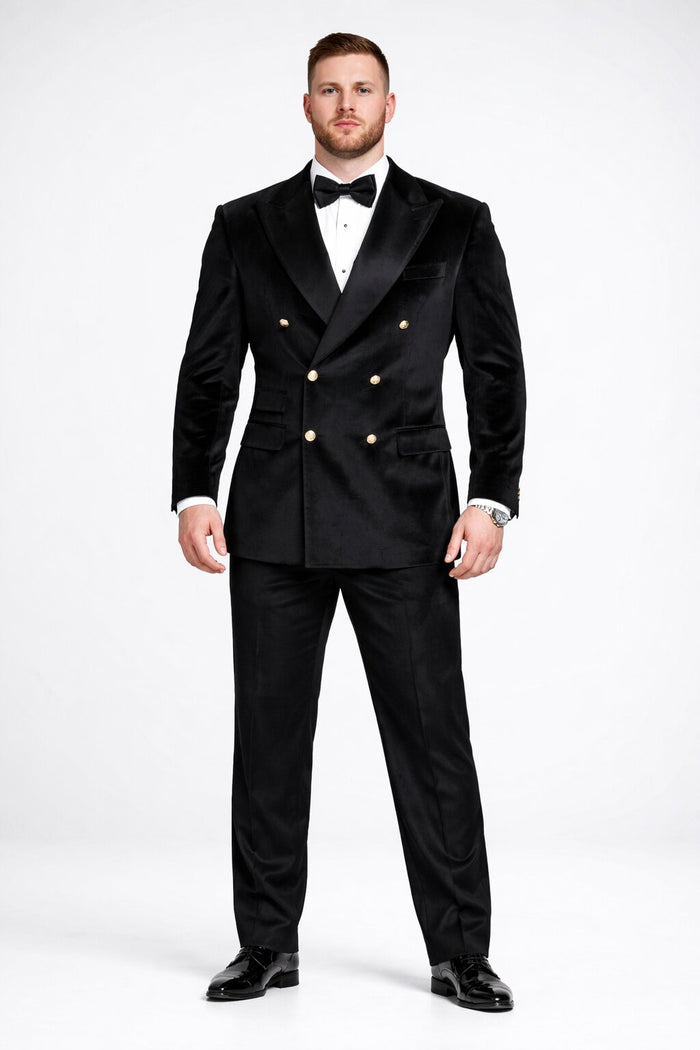Men's Designer Double Breasted Velvet Suti with Gold Buttons in Black