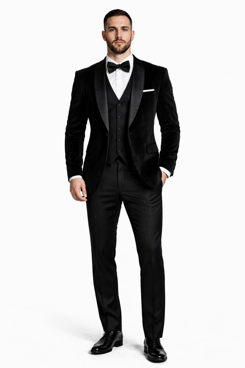 Men's Designer Vested Velvet Wedding & Prom Tuxed in Black