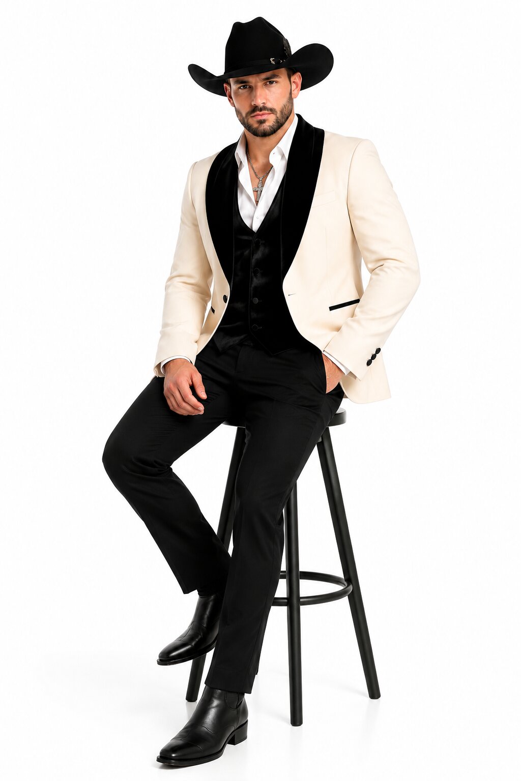 Mens Western Tuxedo Suit – Cream Cowboy Blazer with Black Velvet Vest and Satin Shawl Lapel - 34 Short or Extra Small