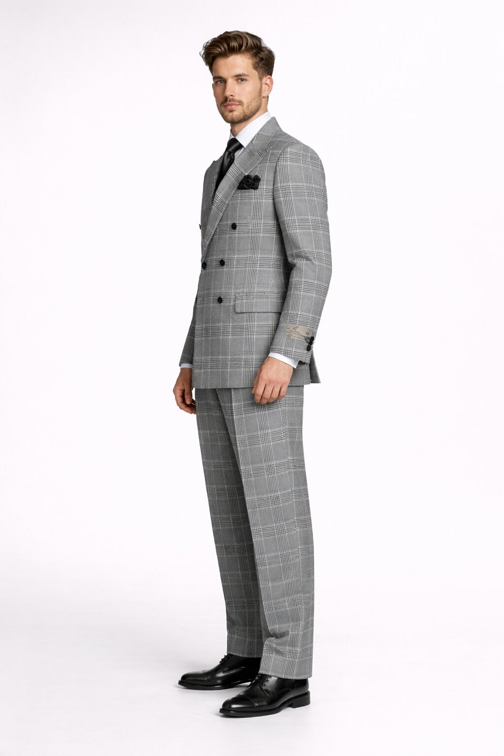 Suits With Baggy Pleated Pants - Wide Leg Pants 100% Wool - Classic Fit in Black and White Plaid Color by Rossiman - 38 Regular