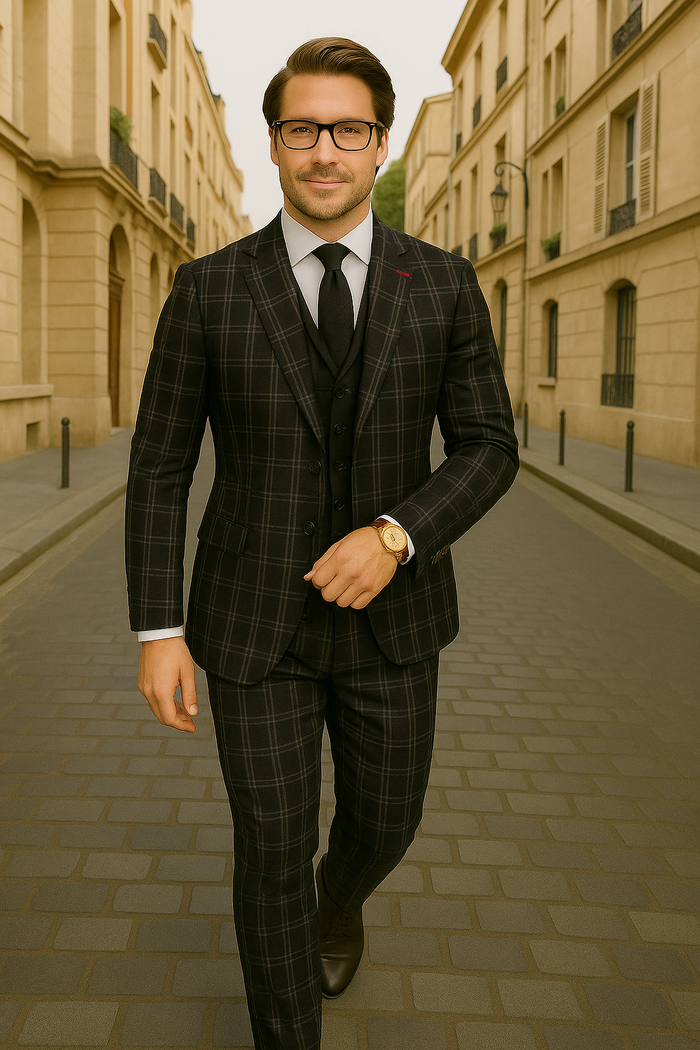 Modern Fit - Wool Suit - Italian Made Business Suit by Windowpane Texture Business Pattern Mdoern Fit Side Vented Men's 3 Piece 100% Wool Modern Fit Suit - Plaid Pattern
