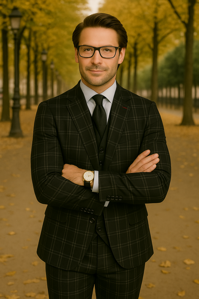 Modern Fit - Wool Suit - Italian Made Business Suit by Windowpane Texture Business Pattern Mdoern Fit Side Vented Men's 3 Piece 100% Wool Modern Fit Suit - Plaid Pattern