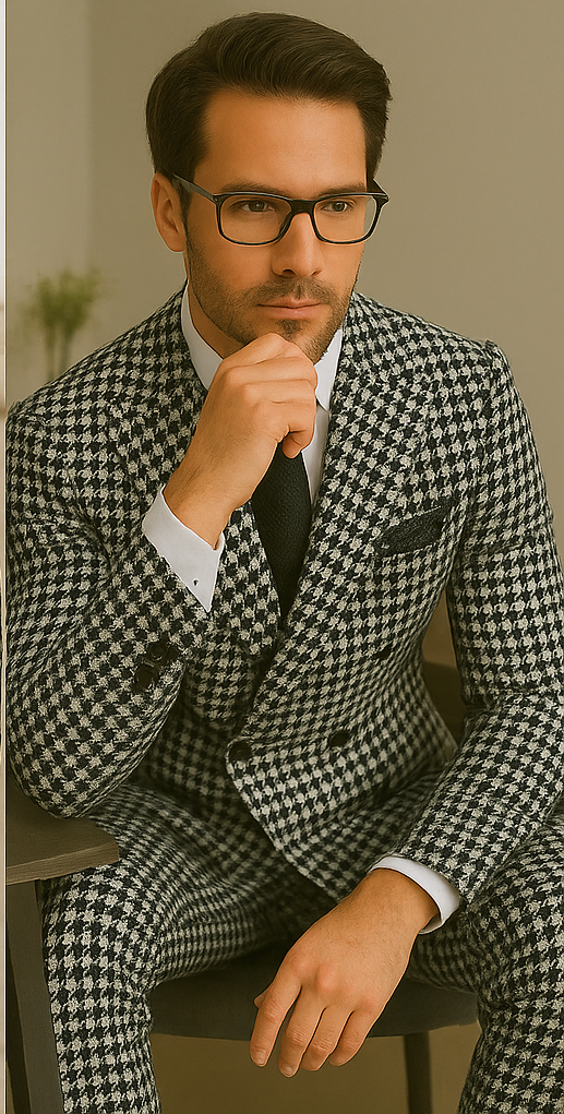 Wool Suit - Italian Made Business Suit by Statement Men's 2 Piece 100% Wool Double Breasted Suit - Houndstooth Pattern - 38R