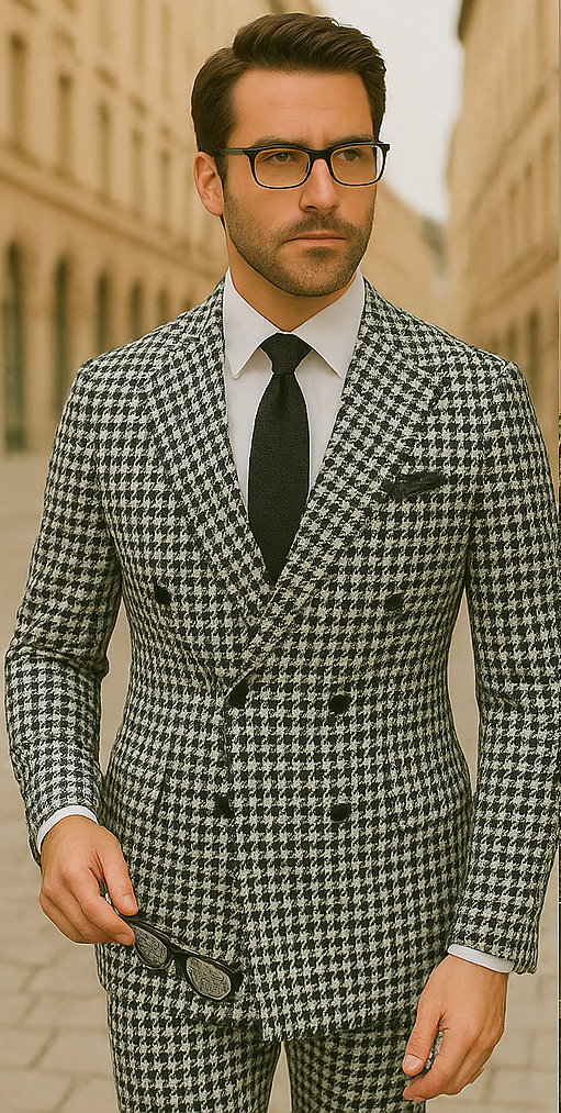 Wool Suit - Italian Made Business Suit by Statement Men's 2 Piece 100% Wool Double Breasted Suit - Houndstooth Pattern - 38R