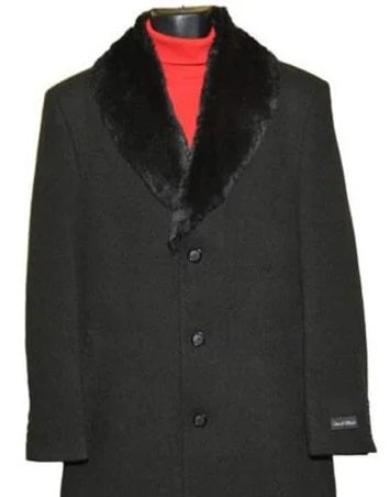 Men's Fur Collar Black 3 Button Wool Ankle length Overcoat