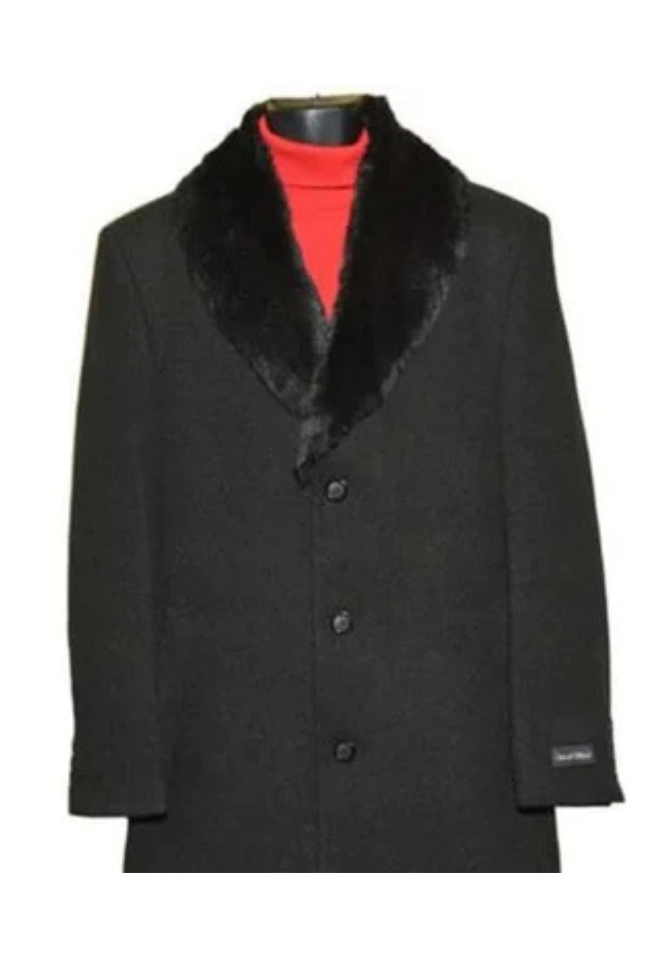 Men's Fur Collar Black 3 Button Wool Ankle length Overcoat - Coat Size 38