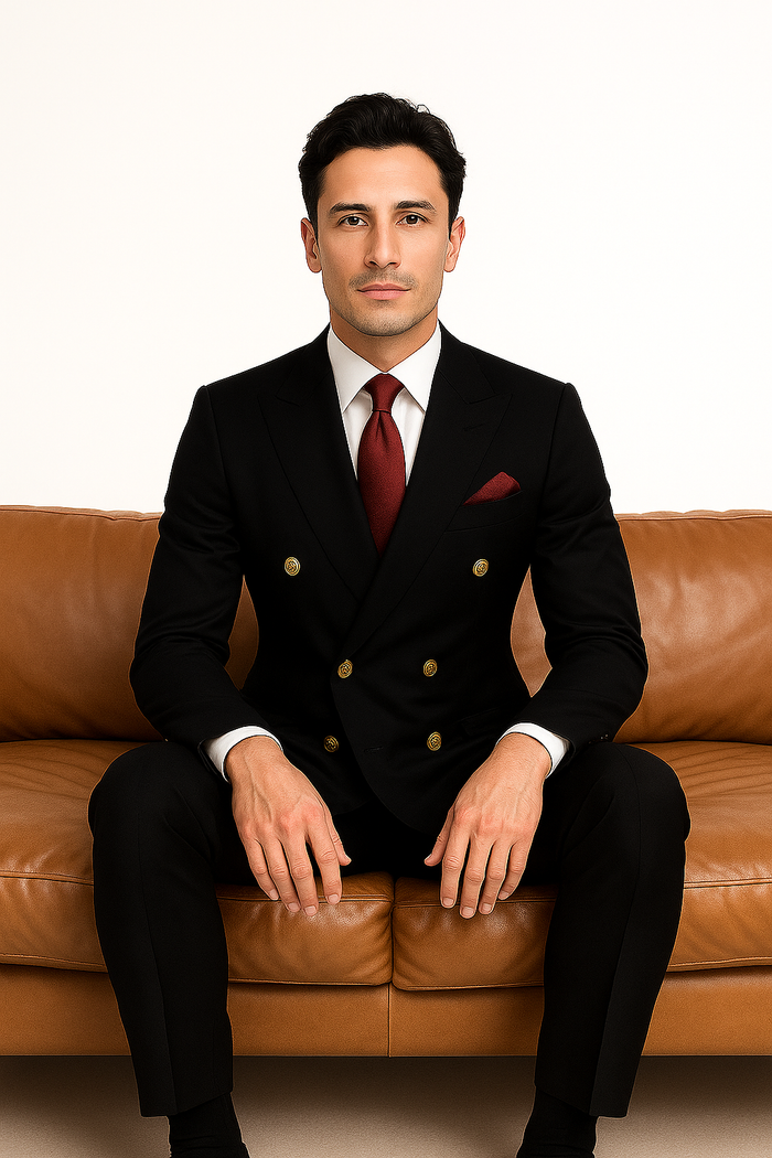 Mens Classic Wool Double Breasted Suit in Black