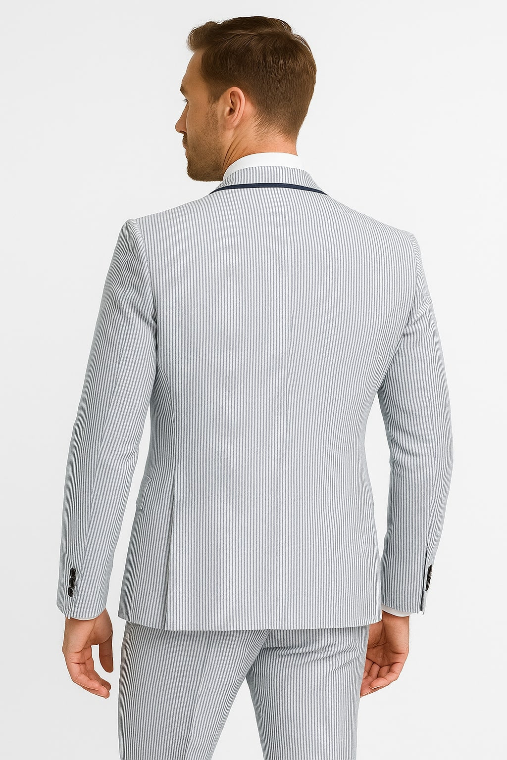 Men's White and Navy Pinstripe Suit with Contrast Trim â€“ 3-Piece Seersucker Style Set for Weddings and Summer Events - 34 Short or Extra Small
