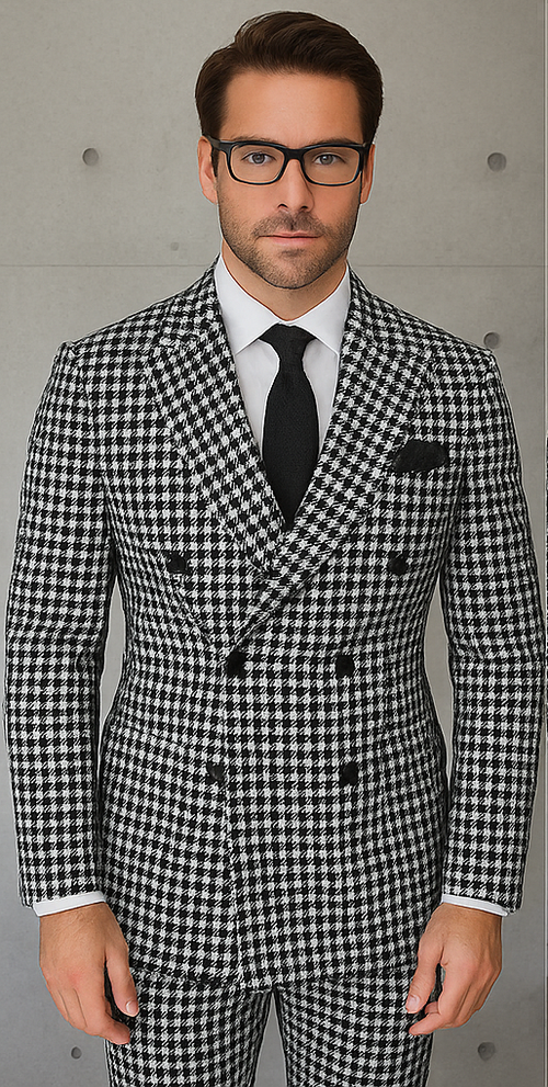 Wool Suit - Italian Made Business Suit by Statement Men's 2 Piece 100% Wool Double Breasted Suit - Houndstooth Pattern