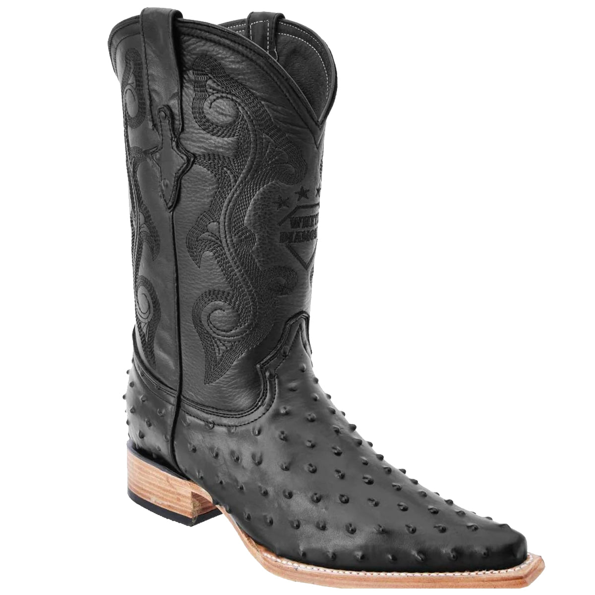 Mens White Diamond Boot Black Ostrich Print Cowboy Boot Pointy Toe Pointed Toe - 6
