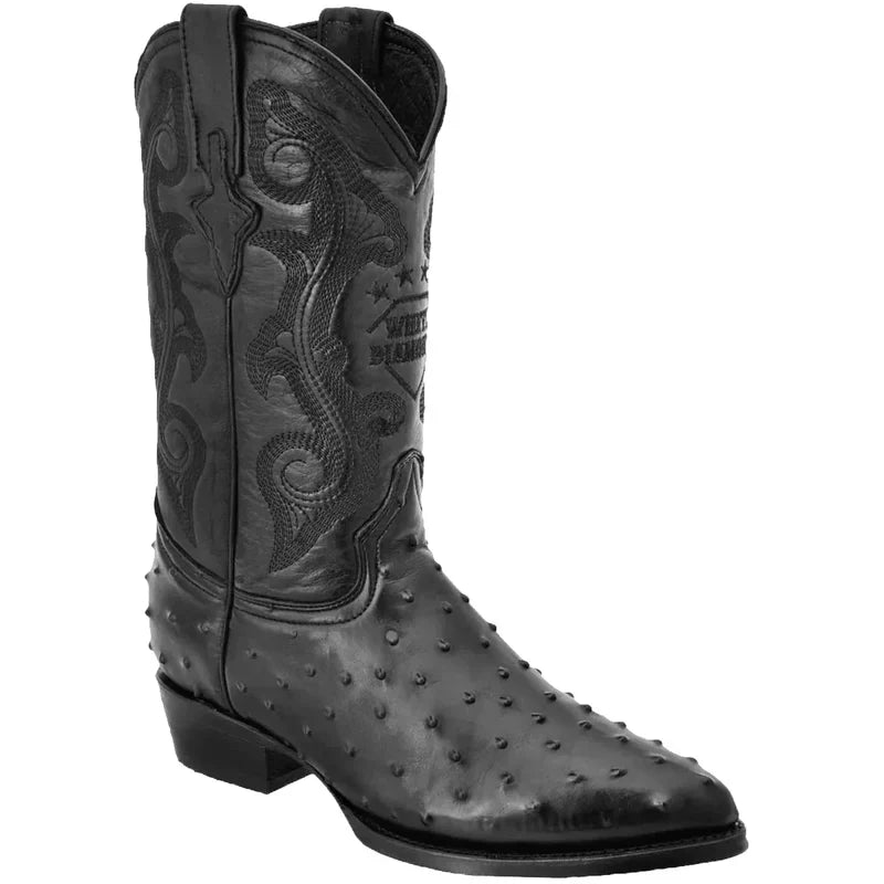 Mens White Diamond Boot Black Ostrich Print Western Boot J-Toe - 6