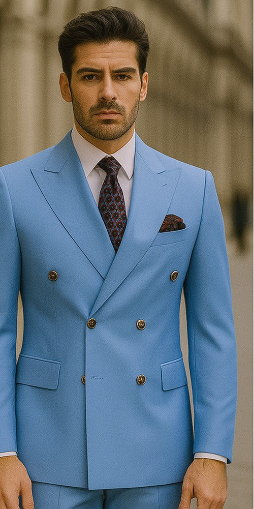 Slim Fitted Cut Mens Double Breasted Suit - Fabric - Flat Front Pants