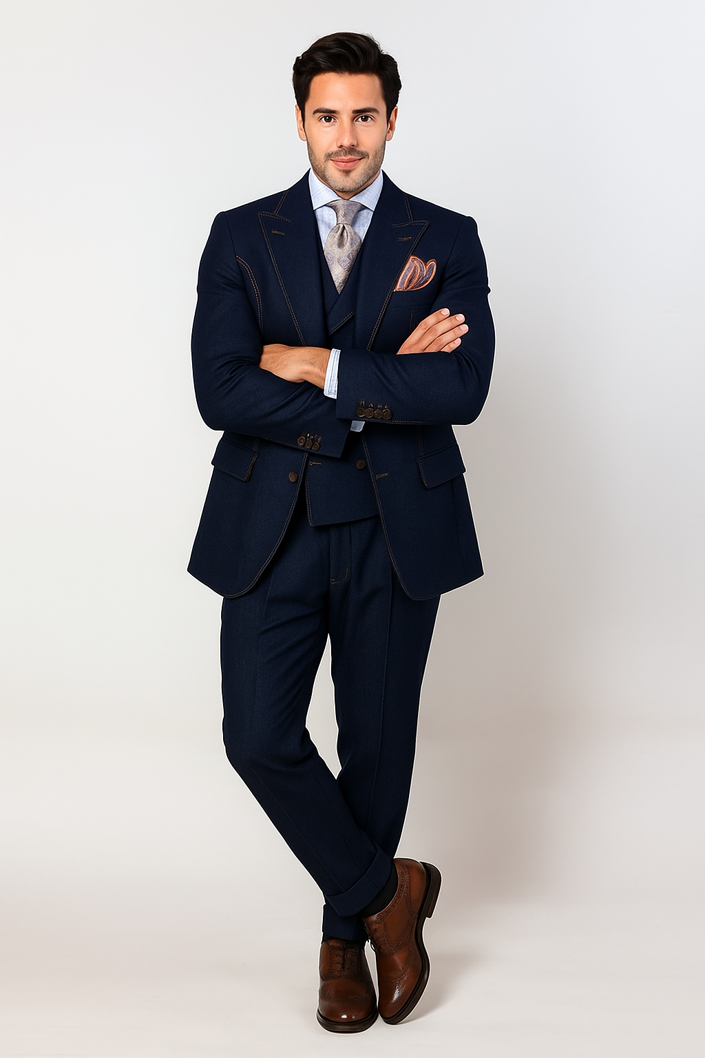 "Blue Denim Men's Suit with Double Breasted Vest - Two Button Peak Lapel" - 34 Regular