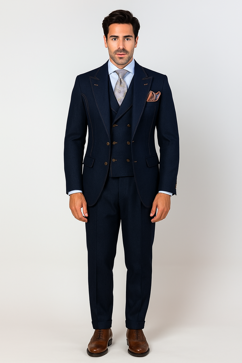 "Blue Denim Men's Suit with Double Breasted Vest - Two Button Peak Lapel" - 34 Regular