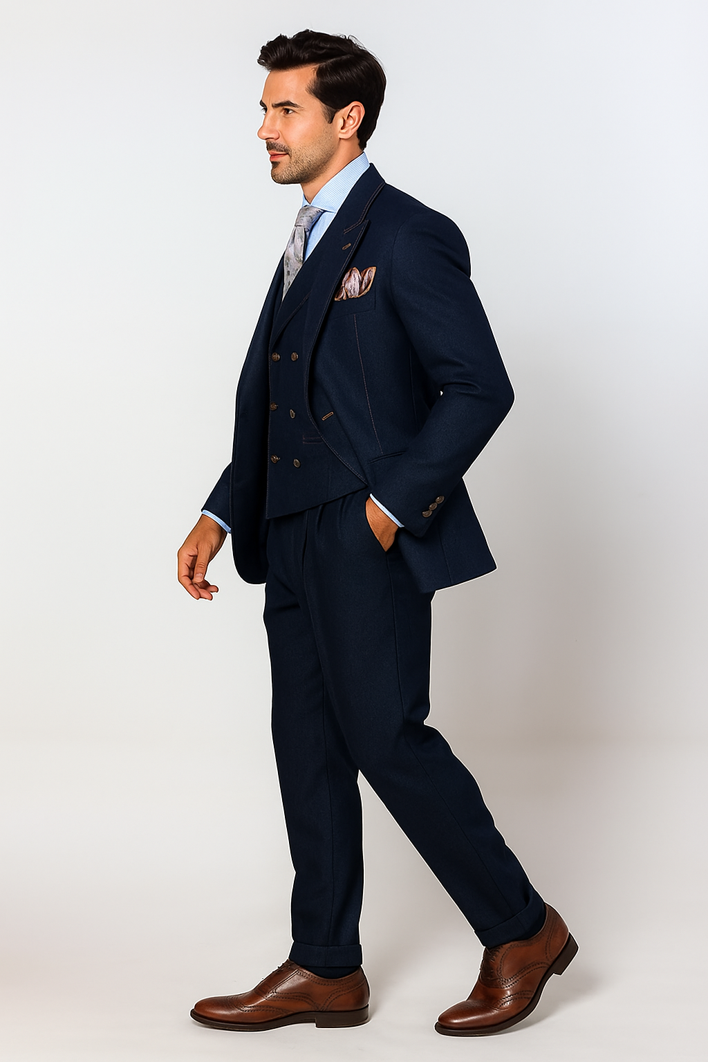 "Blue Denim Men's Suit with Double Breasted Vest - Two Button Peak Lapel" - 34 Regular