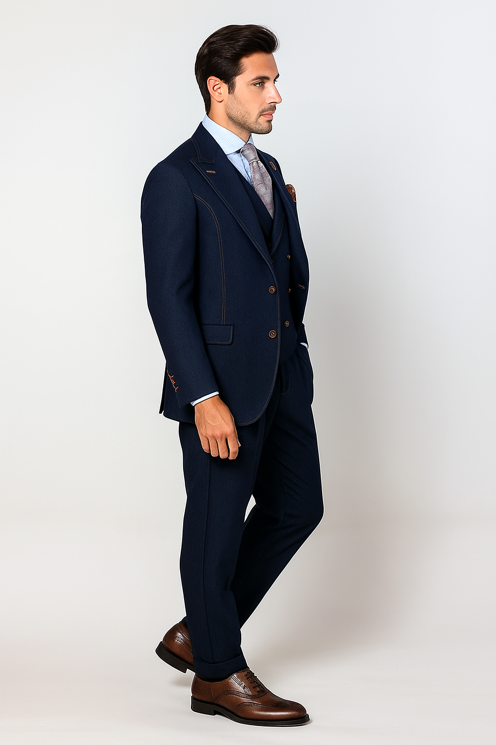 "Blue Denim Men's Suit with Double Breasted Vest - Two Button Peak Lapel" - 34 Regular