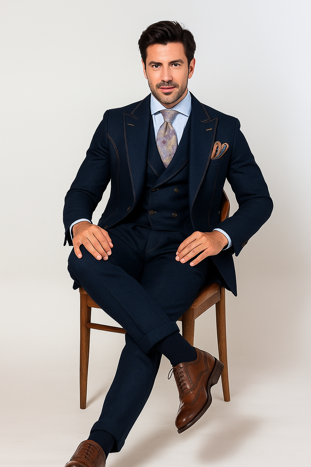 "Blue Denim Men's Suit with Double Breasted Vest - Two Button Peak Lapel" - 34 Regular