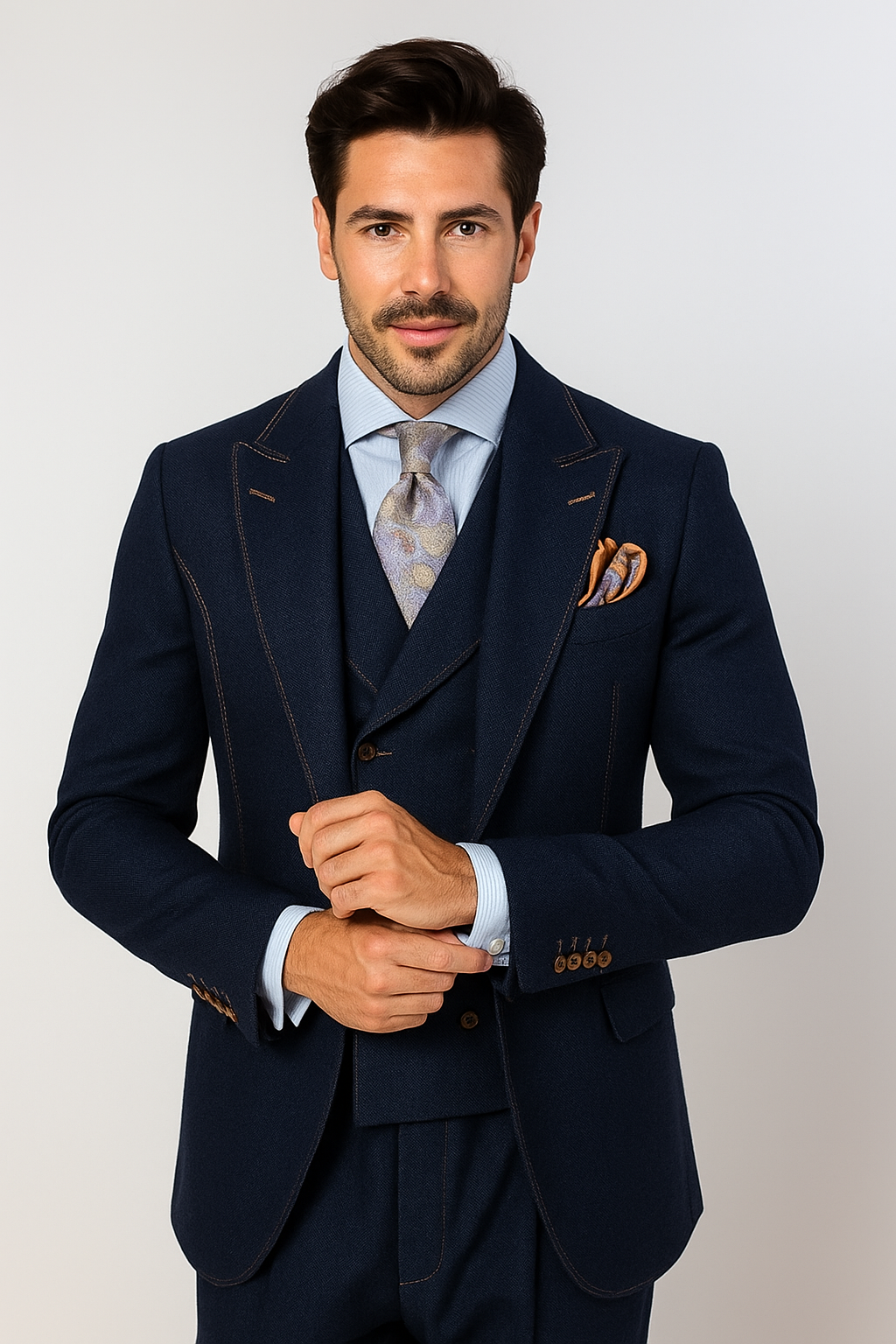 "Blue Denim Men's Suit with Double Breasted Vest - Two Button Peak Lapel" - 34 Regular