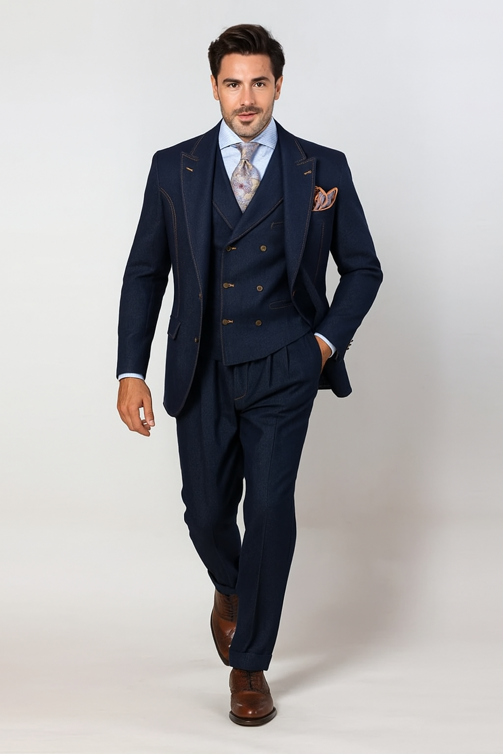 "Blue Denim Men's Suit with Double Breasted Vest - Two Button Peak Lapel" - 34 Regular