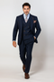 "Blue Denim Men's Suit with Double Breasted Vest - Two Button Peak Lapel"
