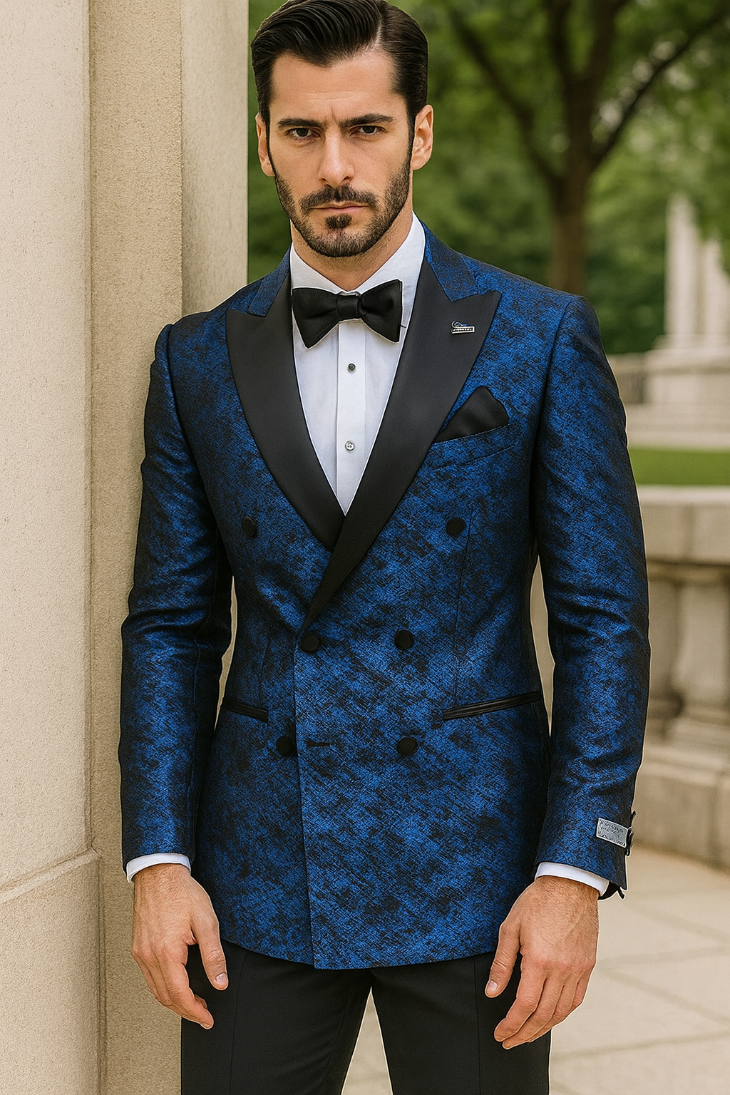 Blue Double Breasted Rough Streak Pattern Satin Peak Lapel Stacy Adams Men's Jacket - 34 Short or Extra Small