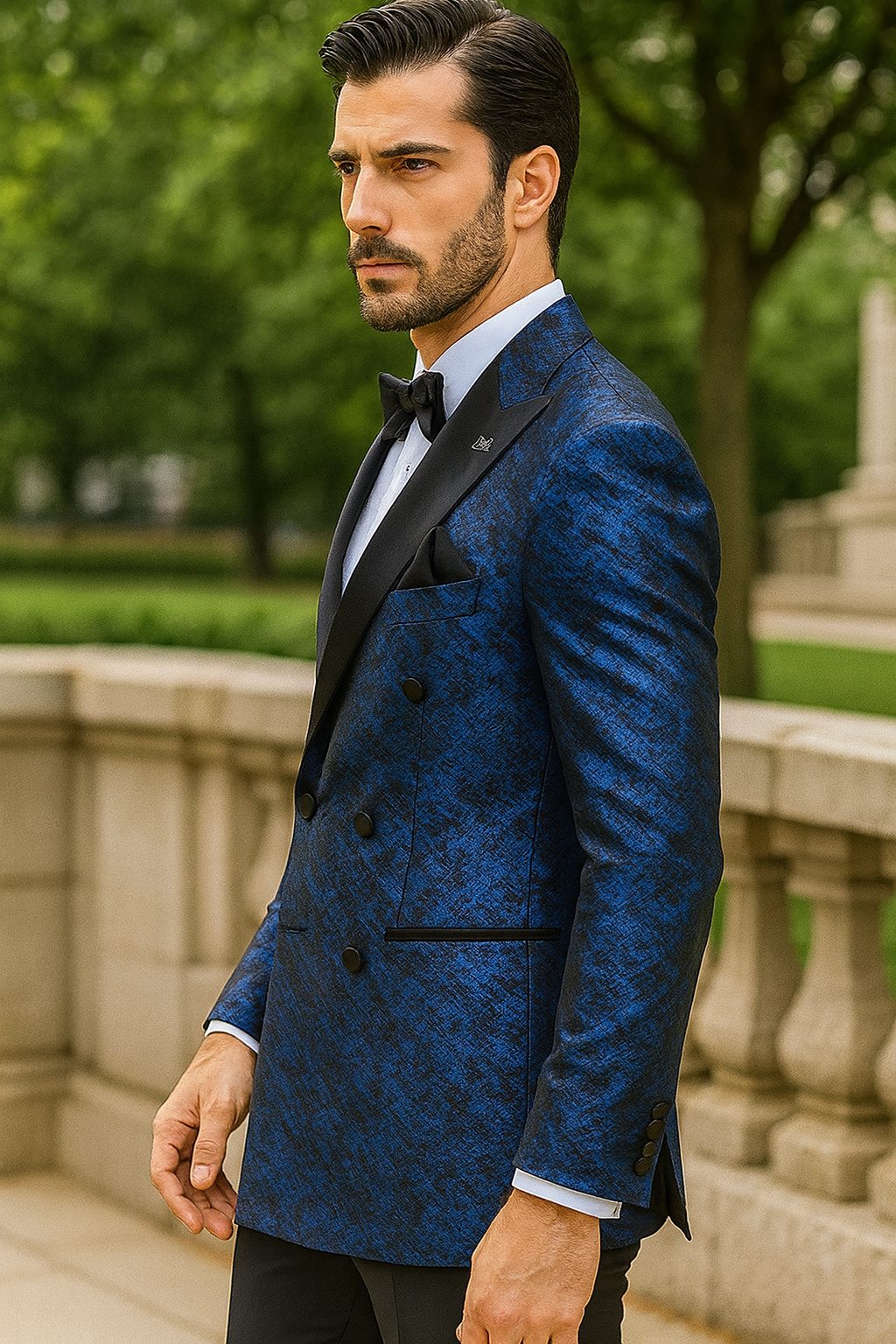 Blue Double Breasted Rough Streak Pattern Satin Peak Lapel Stacy Adams Men's Jacket - 34 Short or Extra Small