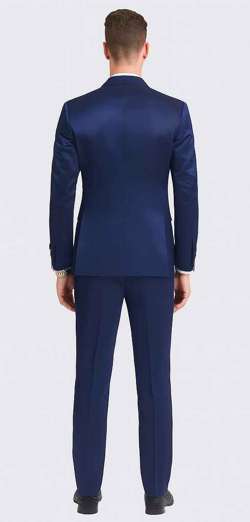 Tazzio Men's Formal Blue Satin 3 Piece Slim Fit Suit with Peak Lapel and Double Breasted Suit