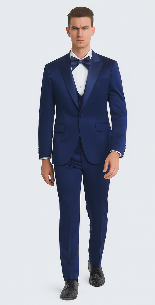 Tazzio Men's Formal Blue Satin 3 Piece Slim Fit Suit with Peak Lapel and Double Breasted Suit