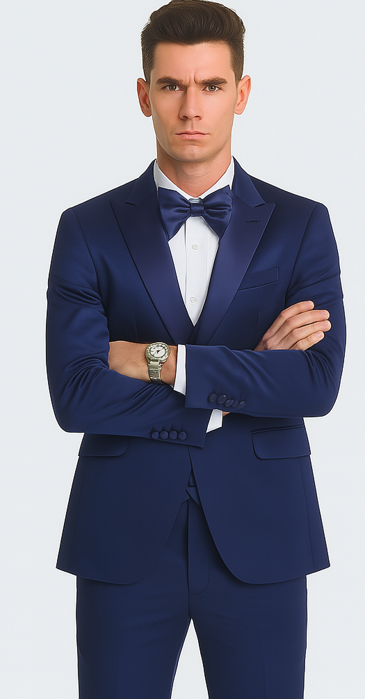 Tazzio Men's Formal Blue Satin 3 Piece Slim Fit Suit with Peak Lapel and Double Breasted Suit