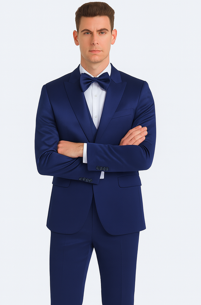 Tazzio Men's Formal Blue Satin 3 Piece Slim Fit Suit with Peak Lapel and Double Breasted Suit