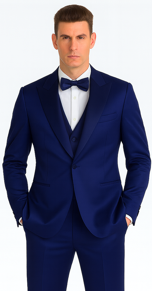 Tazzio Men's Formal Blue Satin 3 Piece Slim Fit Suit with Peak Lapel and Double Breasted Suit