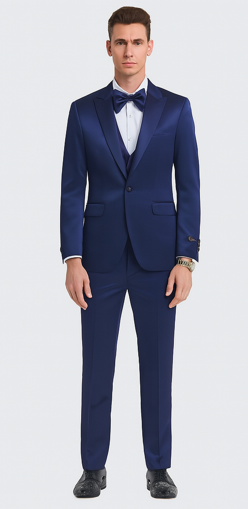 Tazzio Men's Formal Blue Satin 3 Piece Slim Fit Suit with Peak Lapel and Double Breasted Suit