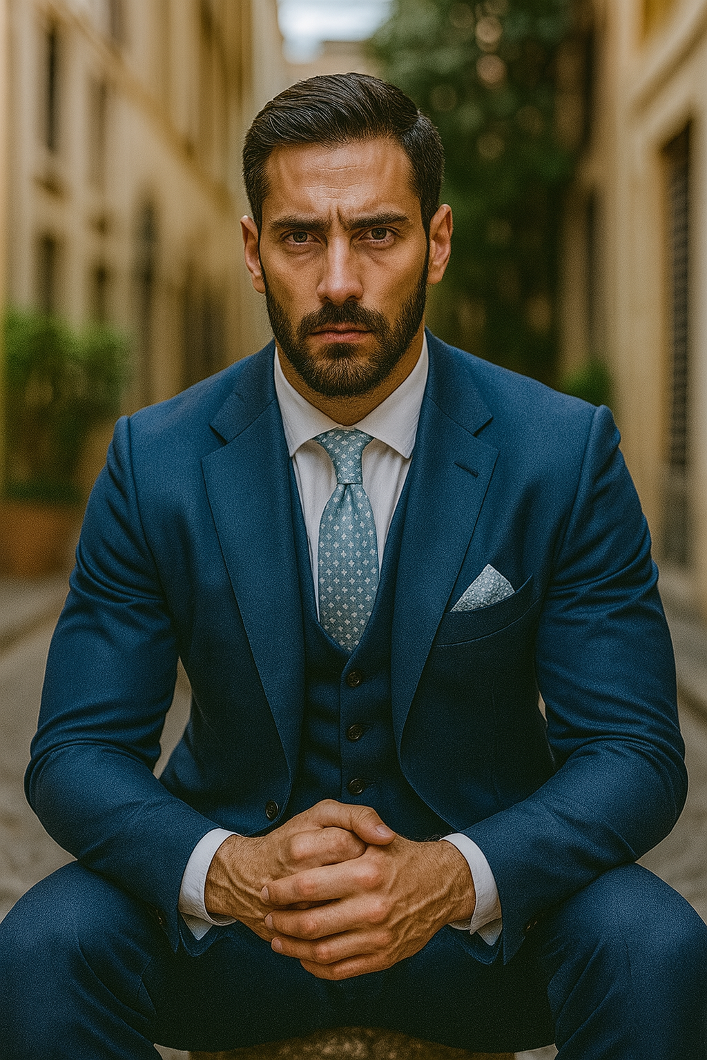 "Blue Sharkskin Business Suit for Men - Two Button Vested Style" - 50 Regular