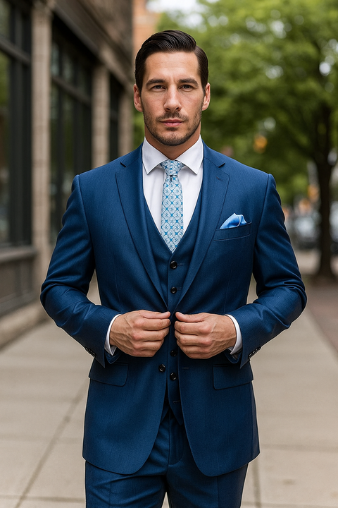 "Blue Sharkskin Business Suit for Men - Two Button Vested Style"