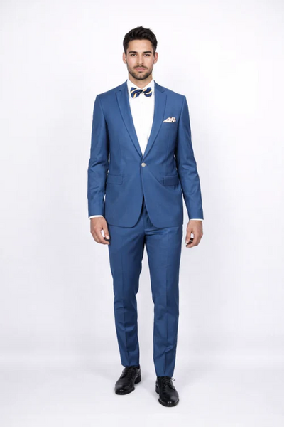 Blue Slim Fit Mens Suit by Rossiman Rossi Skinny Style with 1-Button Jacket