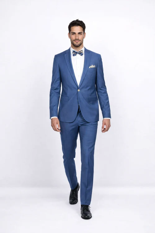 Blue Slim Fit Mens Suit by Rossiman Rossi Skinny Style with 1-Button Jacket