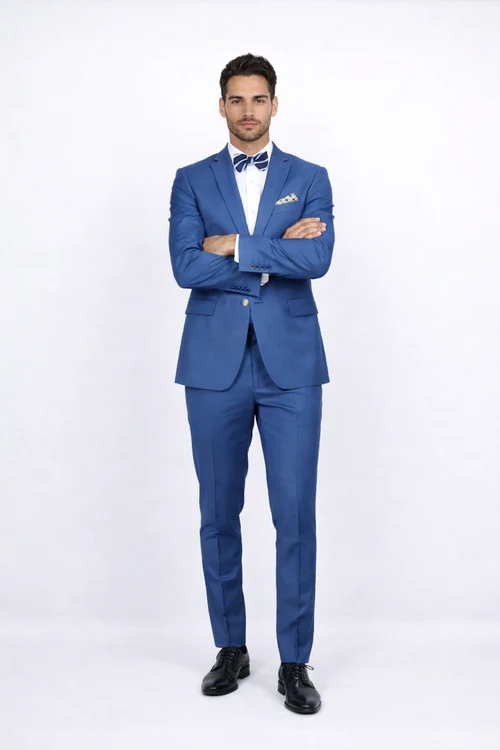 Blue Slim Fit Mens Suit by Rossiman Rossi Skinny Style with 1-Button Jacket