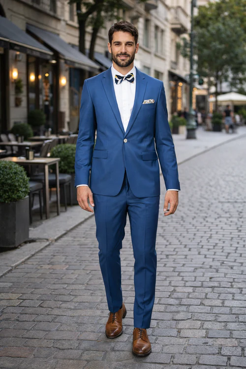 Blue Slim Fit Mens Suit by Rossiman Rossi Skinny Style with 1-Button Jacket