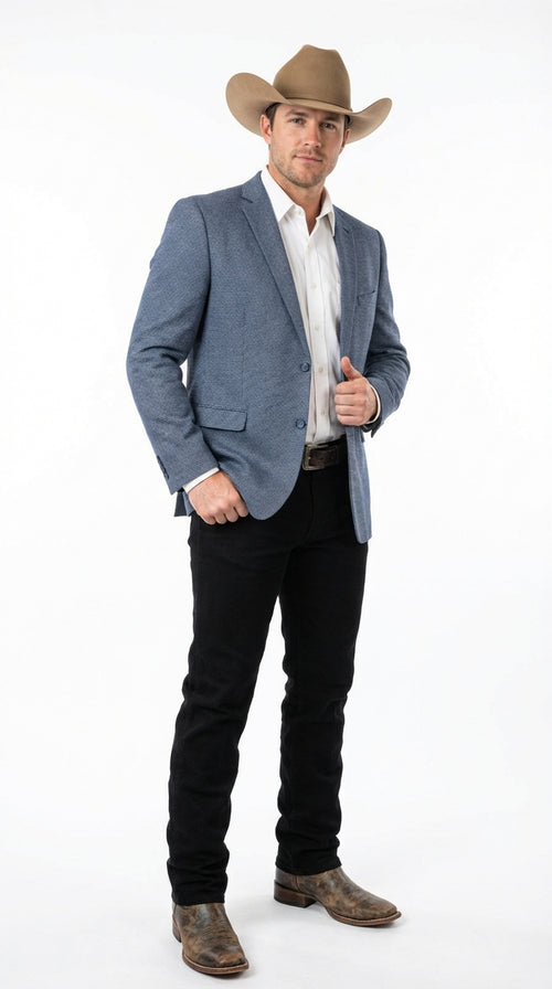 Mens Blue Textured Cowboy Blazer Western Style Sport Coat for Ranch Wedding, Business and Country Events