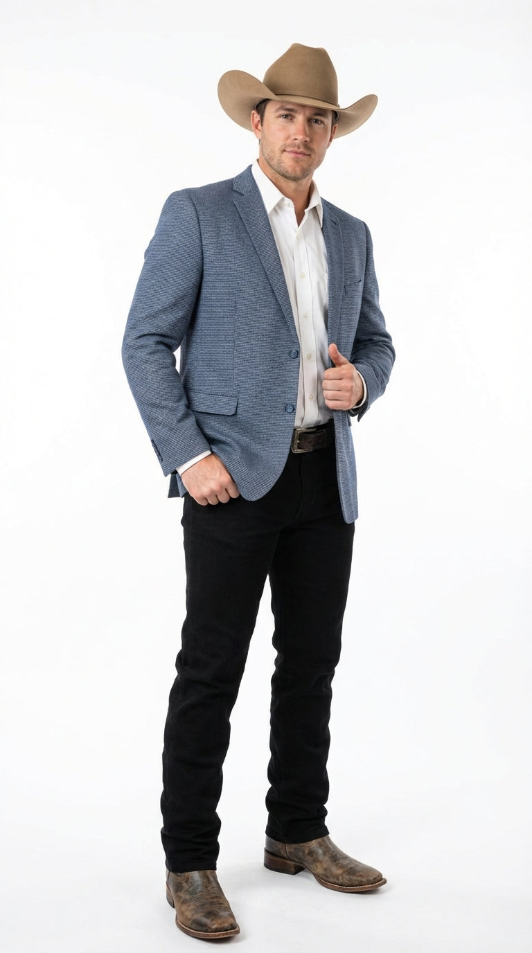 Mens Blue Textured Cowboy Blazer Western Style Sport Coat for Ranch Wedding, Business and Country Events - 38 Short Jacket+32 Waist Adjustable 28to34)(Height: 5 4 to5 7 )(Neck  15-16.5)S-M)